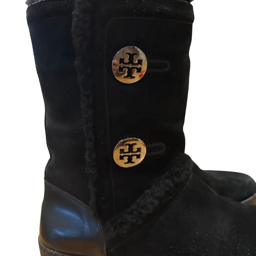 Tory Burch Black Winter Fur Boots with Logo Buttons 7.5
